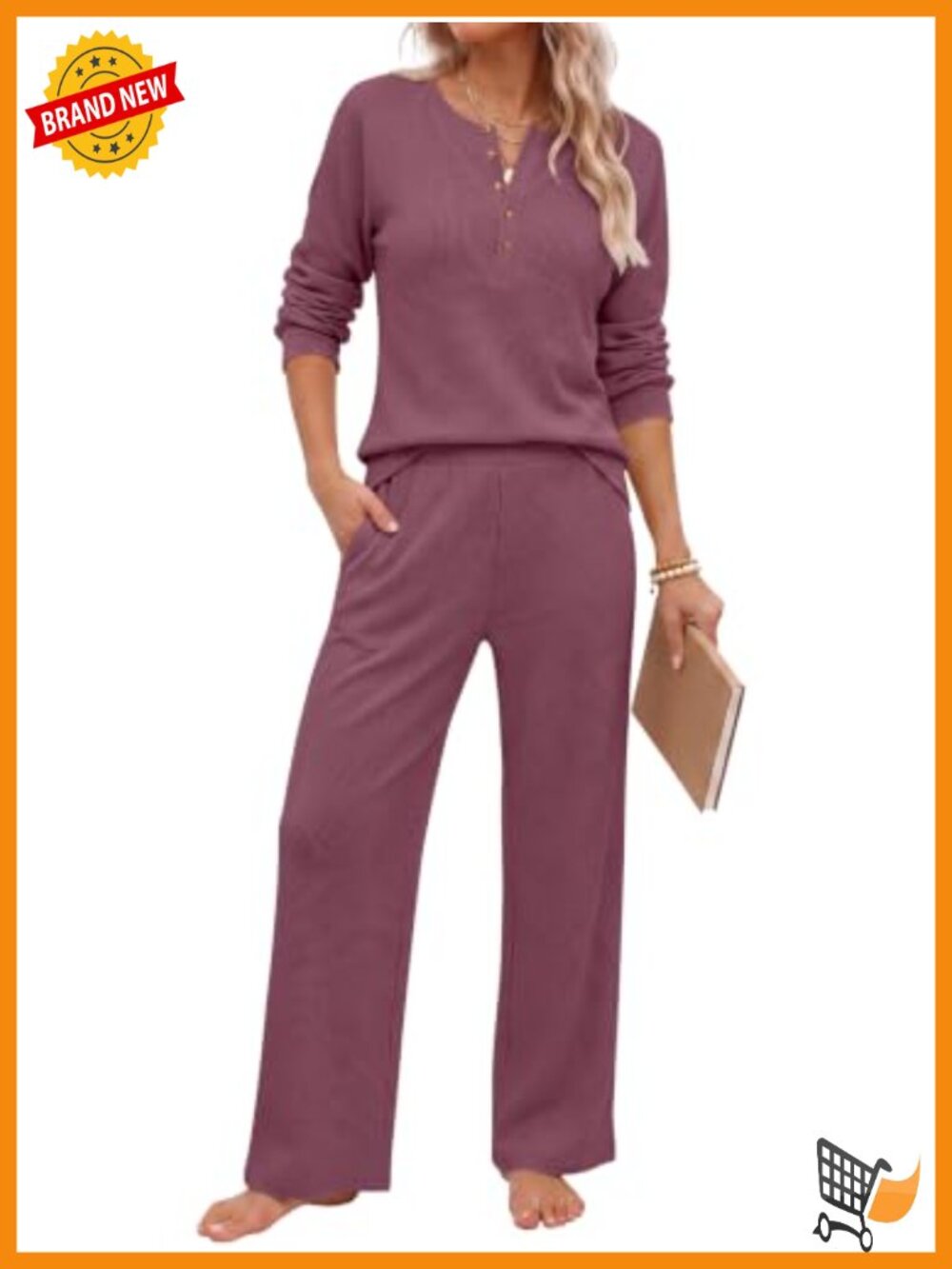 Waffle Knit Lounge Set Button Top Wide Leg Pants 2 Piece Travel Outfit
